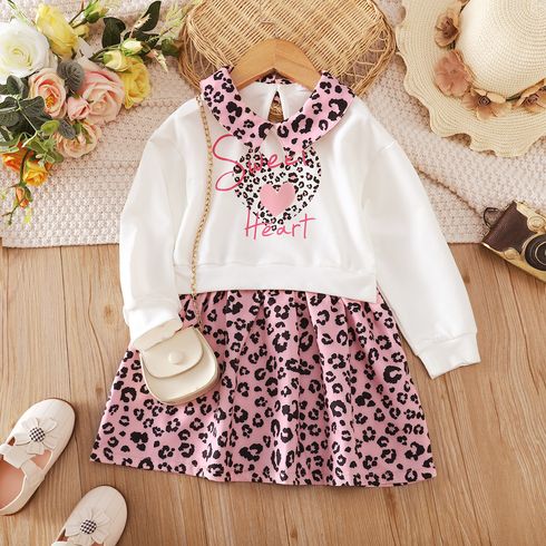 Toddler Girl Faux-two Leopard Print Splice Doll Collar Long-sleeve Dress