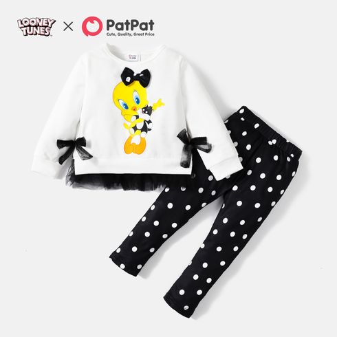 Looney Tunes 2pcs Toddler Girl Bowknot Design Mesh Splice Cotton Tee and Polka dots Leggings Set