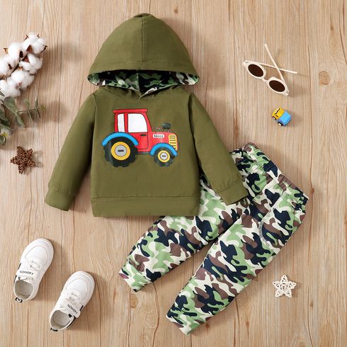 2pcs Toddler Boy Trendy Vehicle Print Hoodie Sweatshirt and Camouflage Print Pants Set