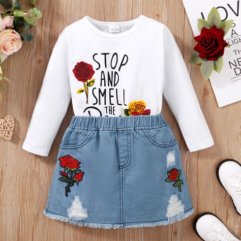 2pcs Toddler Girl Sweet Floral Embroidered Denim Skirt and Letter Print Tee Set