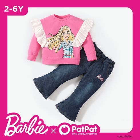Barbie 2pcs Toddler Girl Ruffled Cotton Sweatshirt and Flared Denim Jeans Set