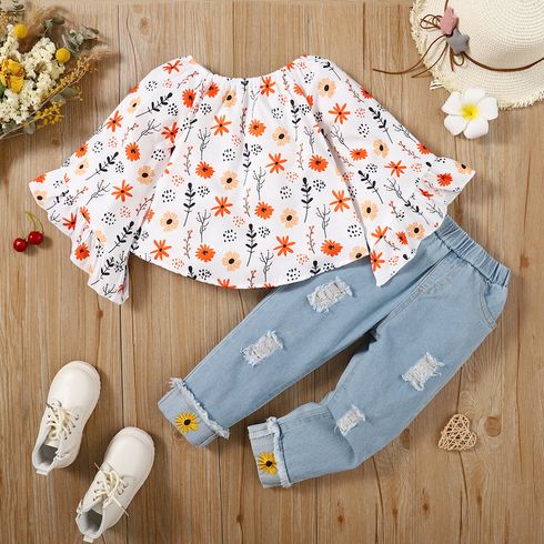 2pcs Toddler Girl Floral Print Bell sleeves Blouse and Ripped Denim Jeans Set