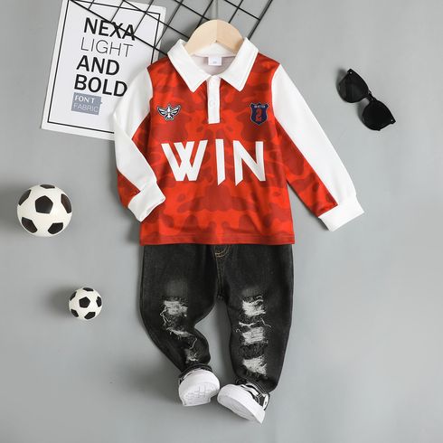 Soccer Cup 2pcs Toddler Boy Trendy Ripped Denim Jeans and Letter Print Polo Sweatshirt Set
