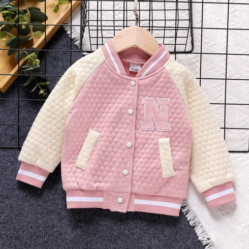 Toddler Girl 100% Cotton Letter Embroidered Textured Striped Button Design Bomber Jacket