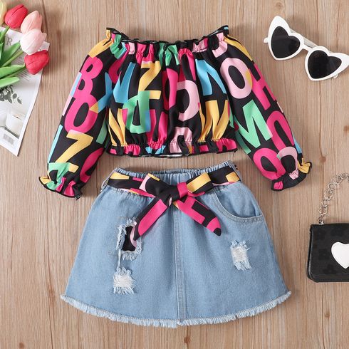 3pcs Toddler Girl Trendy Ripped Denim Skirt & Belt and Off Shoulder Letter Print Tee Set