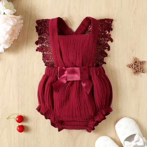 Baby Girl 100% Cotton Crepe Lace Design Sleeveless Romper Burgundy big image 1