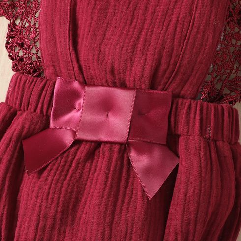 Baby Girl 100% Cotton Crepe Lace Design Sleeveless Romper Burgundy big image 6