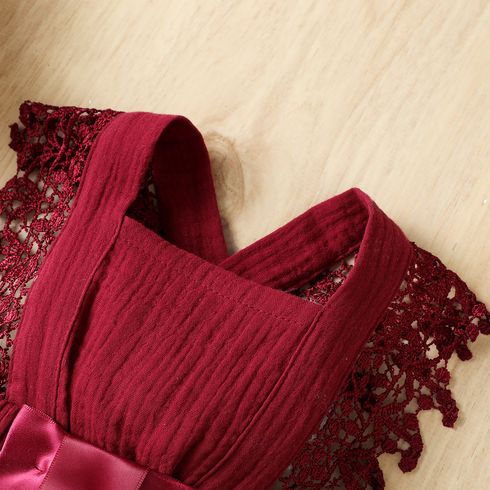 Baby Girl 100% Cotton Crepe Lace Design Sleeveless Romper Burgundy big image 4