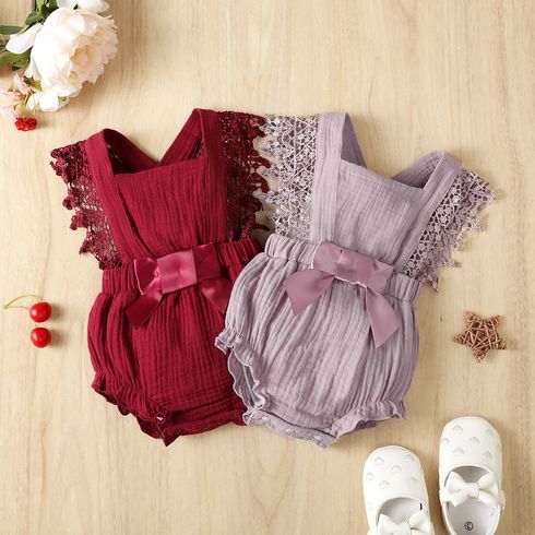 Baby Girl 100% Cotton Crepe Lace Design Sleeveless Romper Burgundy big image 2
