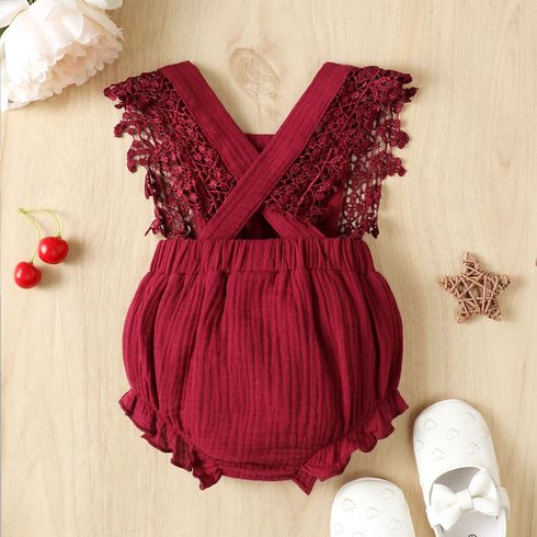 Baby Girl 100% Cotton Crepe Lace Design Sleeveless Romper Burgundy big image 3