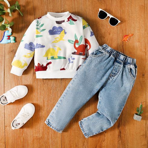 2pcs Toddler Boy Allover Dinosaur Print Long-sleeve Tee and 95% Cotton Pockets Jeans Set
