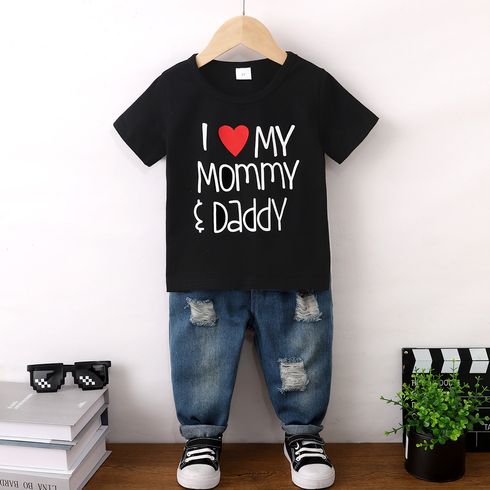2pcs Toddler Boy/Girl 95% Cotton Letters Print Short-sleeve Tee and Ripped Pockets Jeans Set