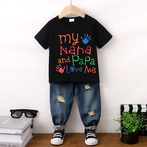 2pcs Toddler Boy 95% Cotton Letters Print Short-sleeve Tee and Ripped Pockets Jeans Set