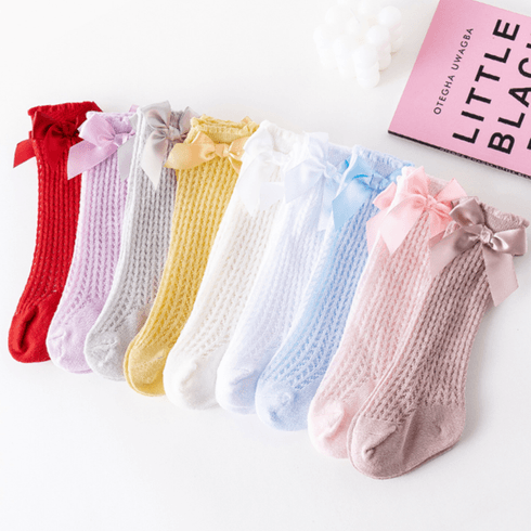 嬰兒素色蝴蝶結透氣中筒襪