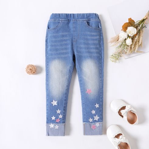 Toddler Girl 100% Cotton Star Embroidered Elasticized Denim Jeans
