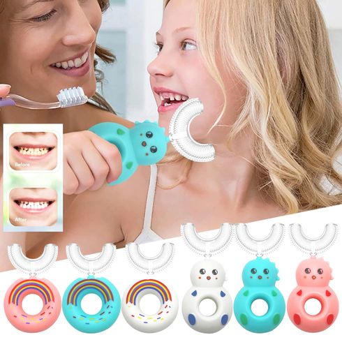 فرشاة أسنان للأطفال على شكل دونات برسوم كرتونية مع رأس فرشاة سيليكون على شكل حرف U 360 درجة فرشاة أسنان يدوية لتنظيف الفم للأطفال وتدريب تنظيف الأسنان