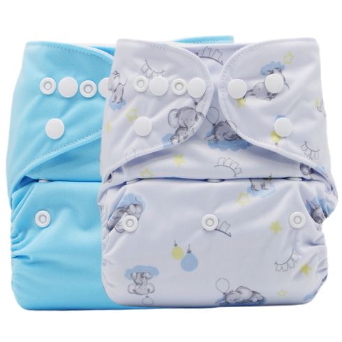 2-pack Baby Snap Cloth Diapers Cartoon Elephant Print/Solid One Size Adjustable Reusable Waterproof Diaper