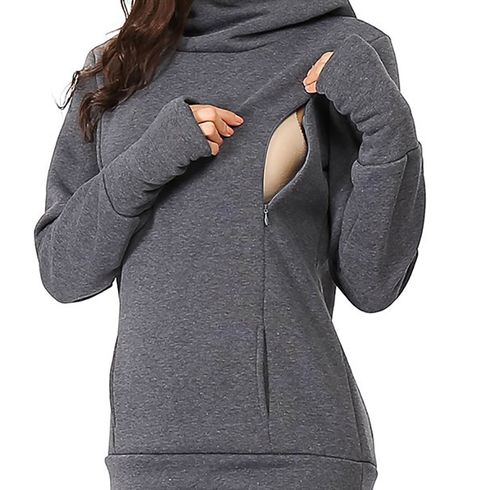 Nursing Solid Hooded Long-sleeve Nursing Hoodie Dark Grey big image 3