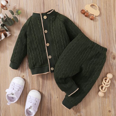 2pcs Baby Solid Cable Knit Button Down Long-sleeve Outwear and Pants Set