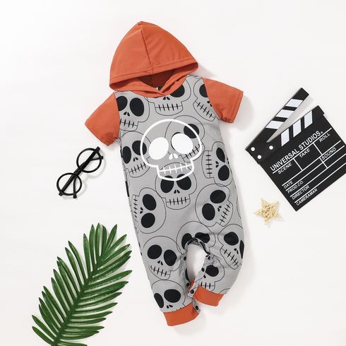 Baby Boy/Girl Colorblock Hooded Short-sleeve All Over Skull Print Ribbed Jumpsuit