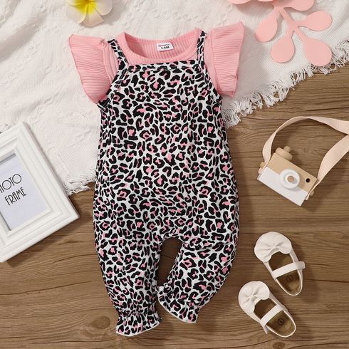 2pcs Baby Girl 95% Cotton Rib Knit Flutter-sleeve Romper and Leopard Cami Jumpsuit Set