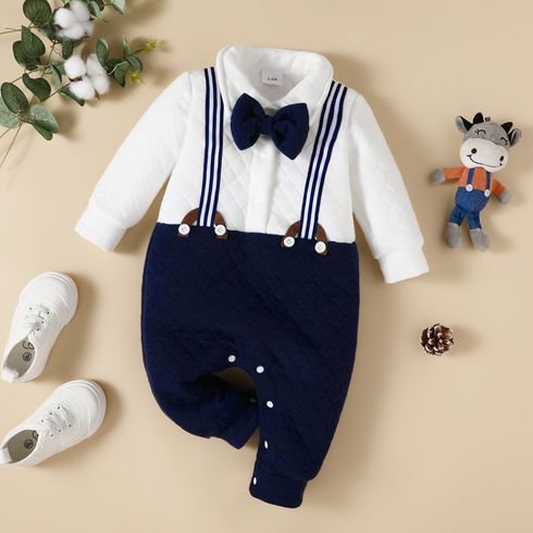 Baby Boy Thickened Textured Long-sleeve Bow Tie Decor Colorblock Spliced Jumpsuit Party Outfit