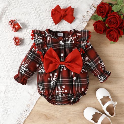 Christmas 2pcs Baby Girl Allover Snowflake Print Plaid Ruffle Long-sleeve Bow Front Pom Poms Romper with Headband Set