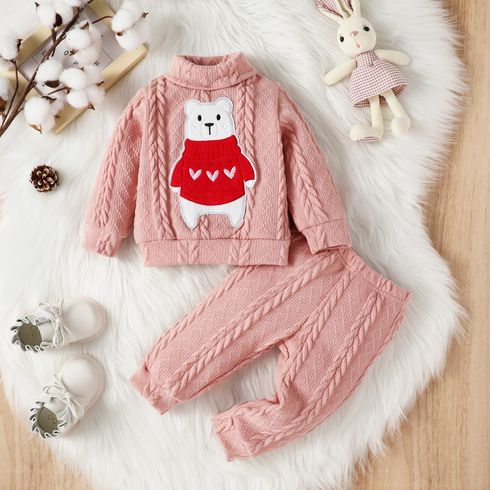 2pcs Baby Girl Bear Graphic Pink Cable Knit Turtleneck Long-sleeve Pullover and Pants Set