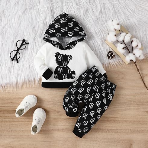 2pcs Baby Boy/Girl Bear Graphic Long-sleeve Hoodie and Allover Print Sweatpants Set