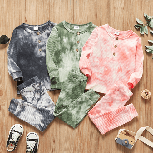 2-piece Toddler Girl/Boy Tie Dye Long-sleeve Ribbed Henley Shirt and Elasticized Pants Set