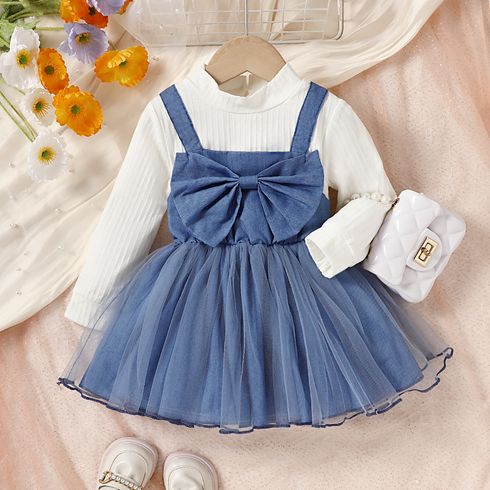 Baby Girl Bow Front Long-sleeve 2 In 1 Mesh Dress 