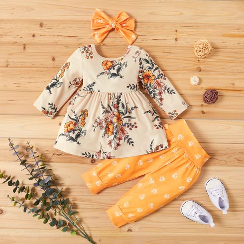 3-piece Baby Pretty Floral Dress Top and Polka Dots Pants with Headband Set