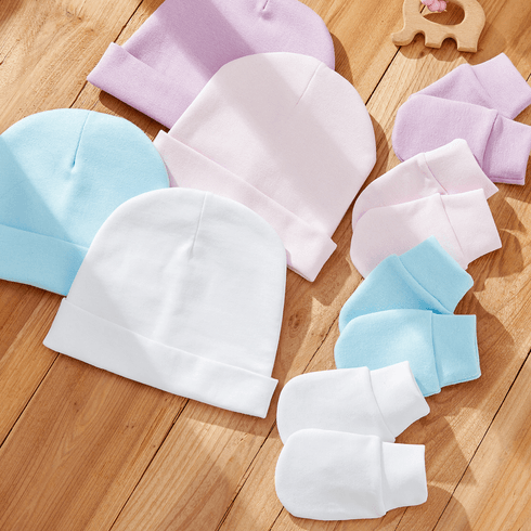 2-piece Baby Solid Color Cotton Anti-scratch Glove & Beanie Hat Set