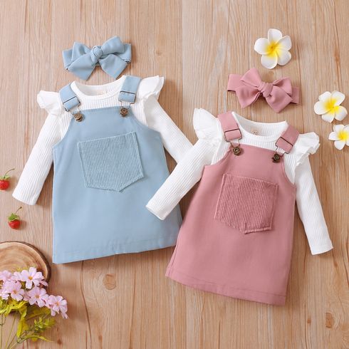 3pcs Baby Girl 95% Cotton Ribbed Long-sleeve Romper and Solid Suspender Dress with Headband Set