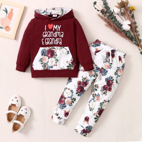 2-piece Toddler Girl Letter Floral Print Hoodie and Pants Set