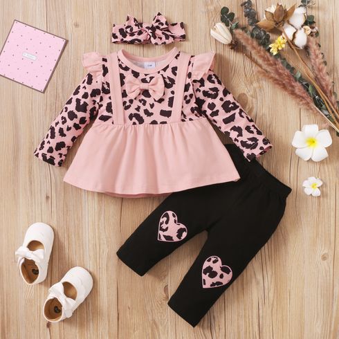 3pcs Baby Leopard Splicing Long-sleeve Cotton Faux-two Top and Trousers Set