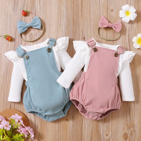 3pcs Baby Girl Solid Ribbed Ruffle Sleeve Top and Overall Shorts with Headband Set
