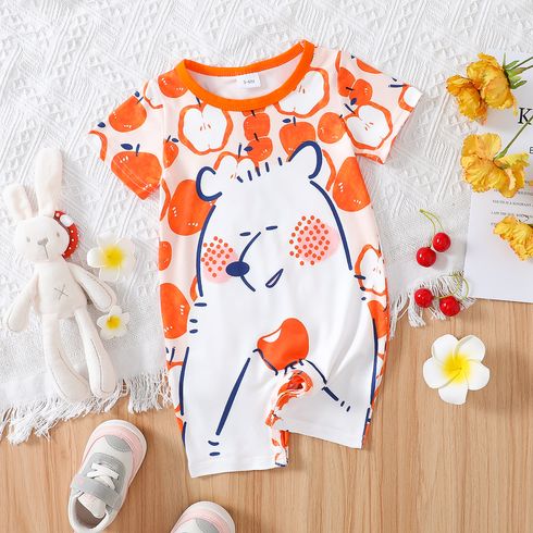 Baby Boy/Girl Cartoon Bear & Apple Print Short-sleeve Romper