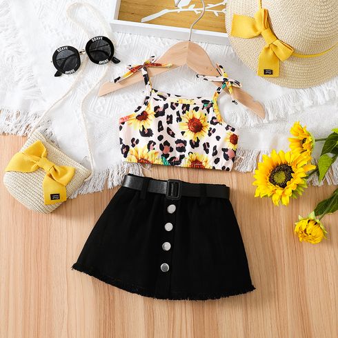 2pcs Baby Girl 100% Cotton Belted Button Front Denim Skirt and Allover Leopard & Sunflower Print Cami Top Set
