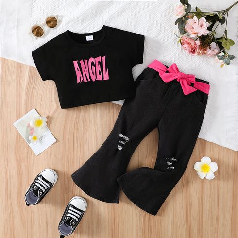 2pcs Toddler Girl Letter Print Short-sleeve Black Tee and Belted Flared Ripped Denim Jeans Set