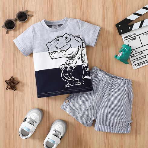 2pcs Baby Boy 100% Cotton Pinstriped Shorts and Dinosaur Print Colorblock Short-sleeve T-shirt Set