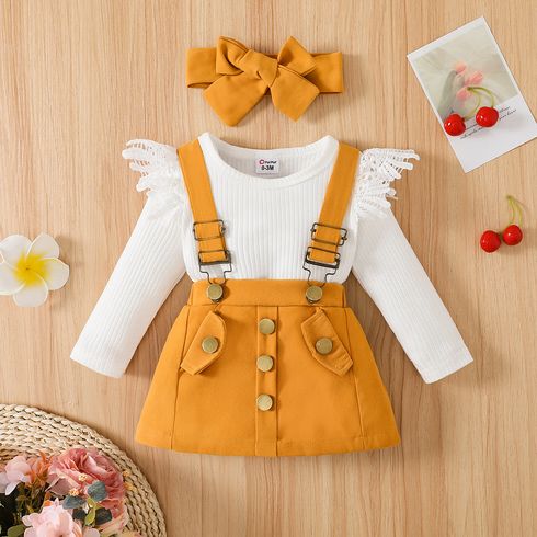3pcs Baby Girl 95% Cotton Long-sleeve Lace Spliced Rib Knit Romper and Suspender Skirt with Headband Set