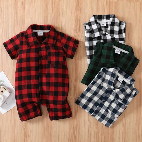 Plaid Print Lapel Collar Short-sleeve Baby Romper