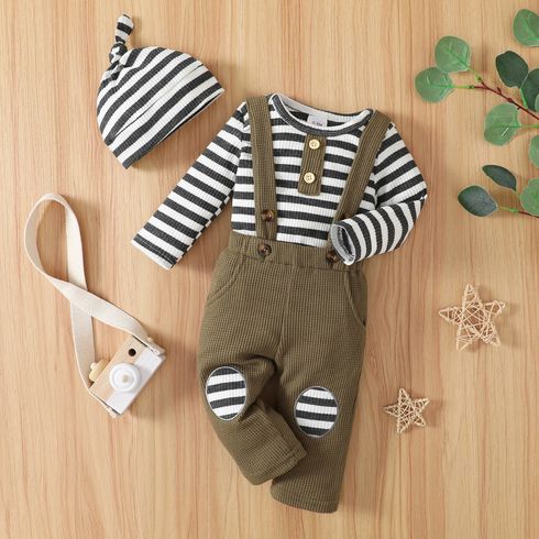 Baby 3pcs Ribbed Stripe Print Long-sleeve Romper and Waffle Overalls Set
