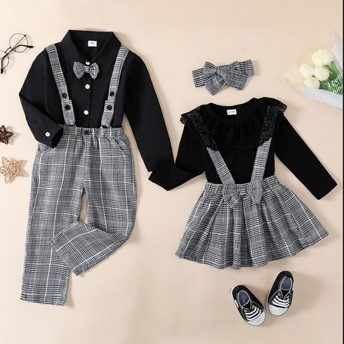 Equally Cute Siblings Solid Long-sleeve Top and Plaid Bottom Black Set