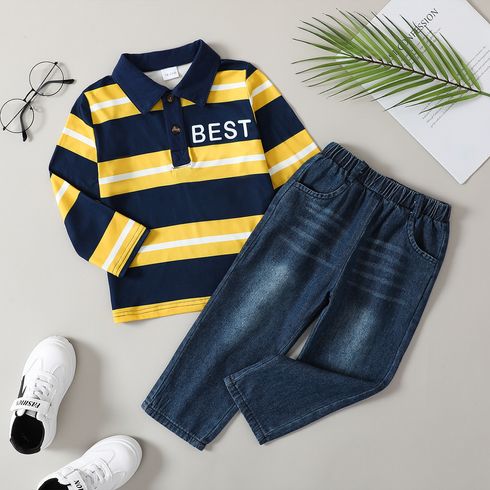 2pcs Toddler Boy Letter Print Stripe Long-sleeve Polo Shirt and Denim Jeans Set