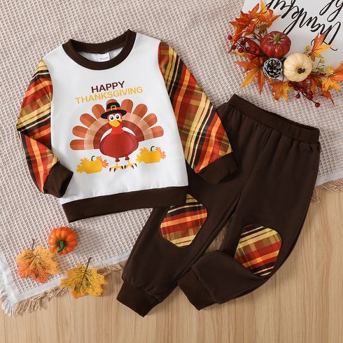 2pcs Toddler Boy Thanksgiving Animal Print Plaid Colorblock Sweatshirt and Pants Set