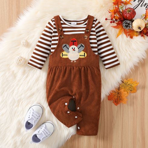 Thanksgiving Day 2pcs Baby Boy/Girl 95% Cotton Long-sleeve Striped T-shirt and Turkey Embroidered Corduroy Overalls Set