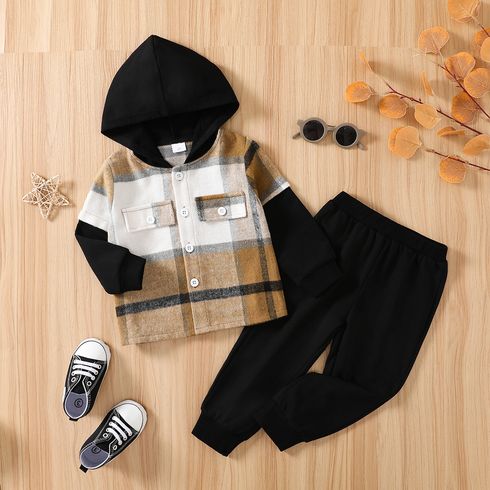 2pcs Toddler Boy Classic Faux-two Plaid Hoodie Sweatshirt and Black Pants Set