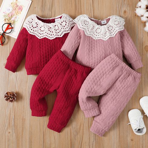 2pcs Baby Girl Ruffle Collar Long-sleeve Solid Imitation Knitting Set